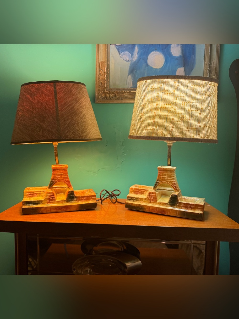 Vintage MCM Western Pueblo Brick Table Lamp Pair Matched Pair
